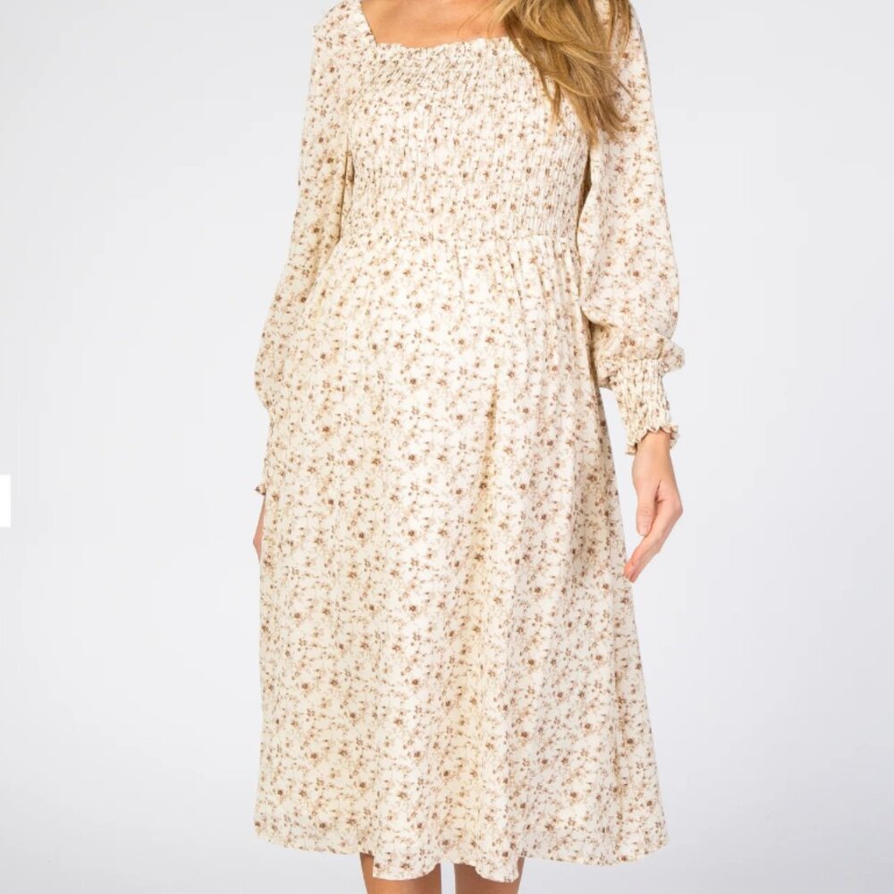 Pink Blush Maternity - Cream floral smocked bubble sleeves maternity midi dress